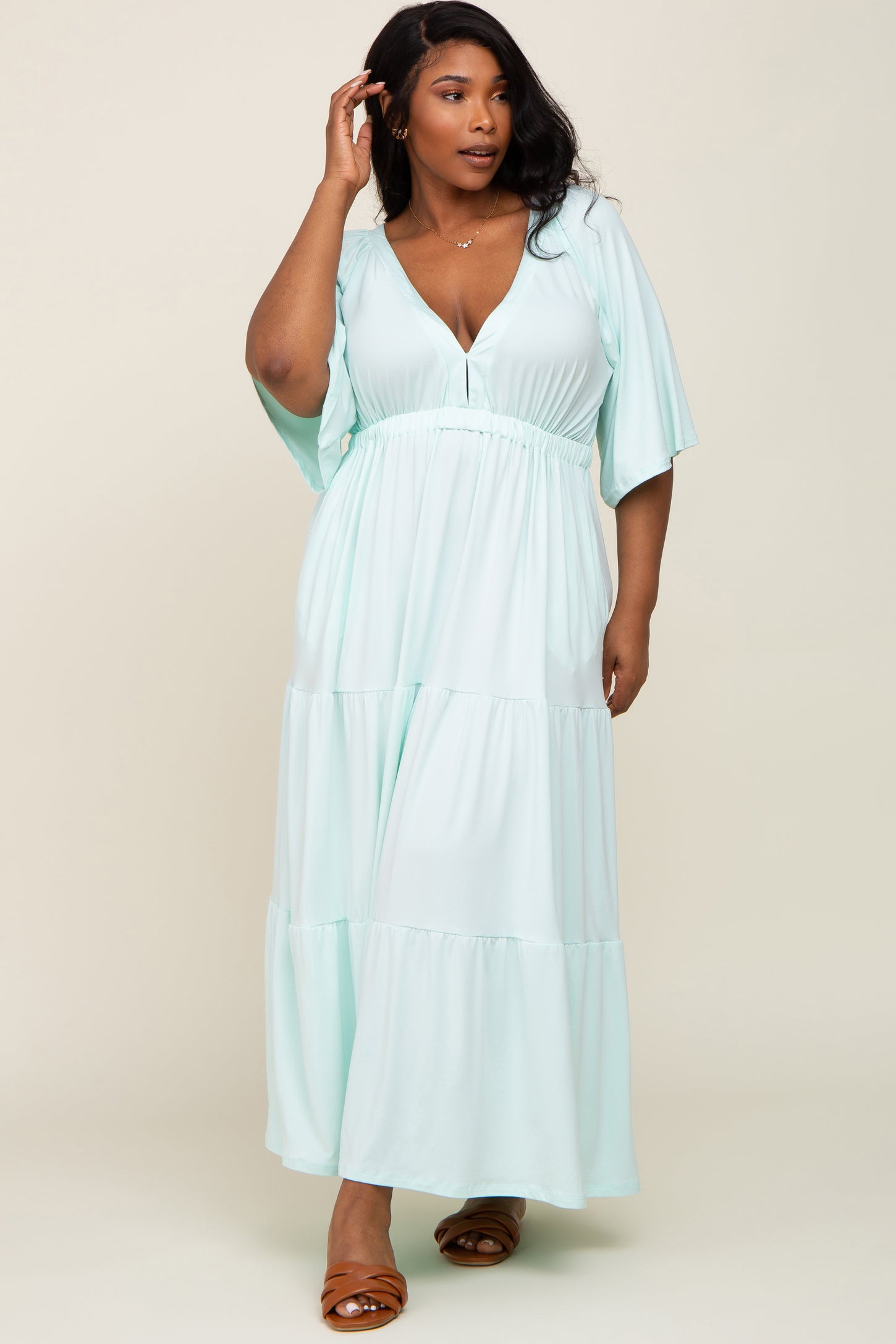 Mint Green Deep V-Neck Tiered Plus Maxi Dress PinkBlush Mint Green Deep V-Neck Tiered Plus Maxi Dress PinkBlush