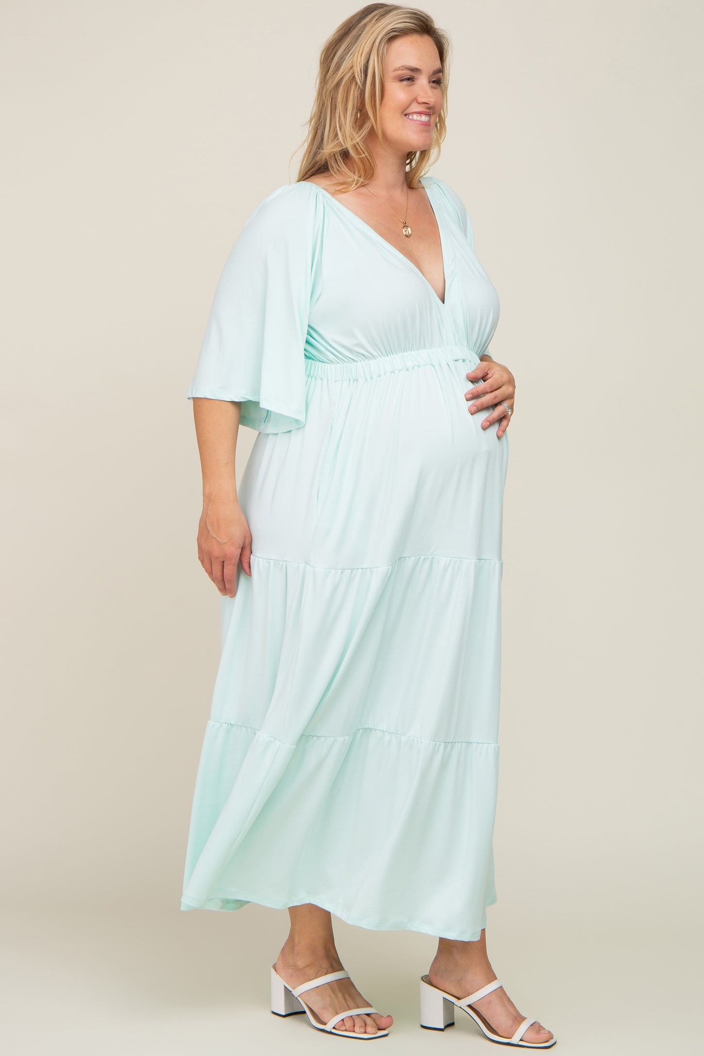 Mint Green Deep V-Neck Tiered Maternity Plus Maxi Dress PinkBlush Mint Green Deep V-Neck Tiered Maternity Plus Maxi Dress PinkBlush