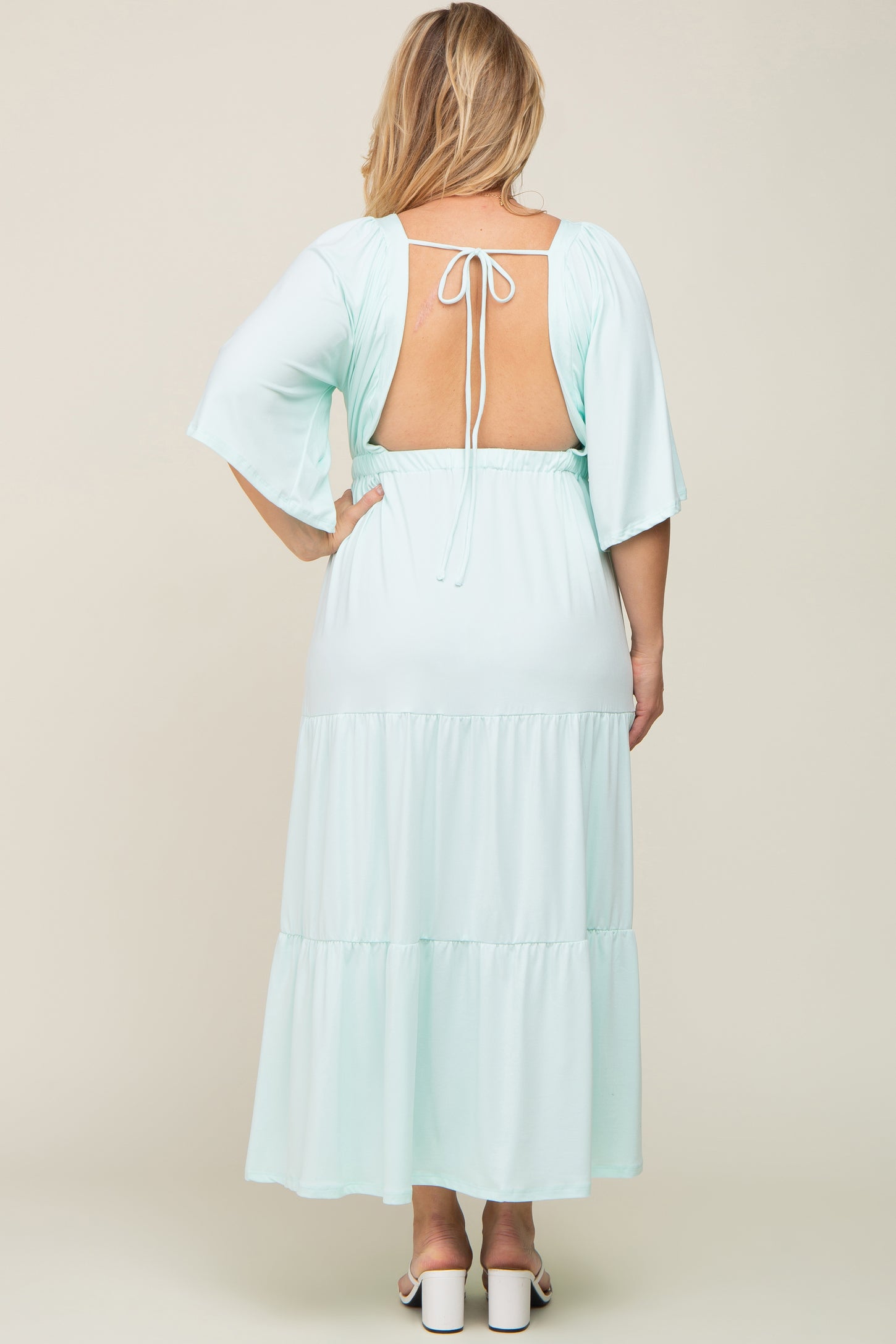 Mint Green Deep V-Neck Tiered Maternity Plus Maxi Dress
