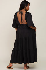 Black Deep V-Neck Tiered Plus Maxi Dress