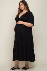 Black Deep V-Neck Tiered Maternity Plus Maxi Dress