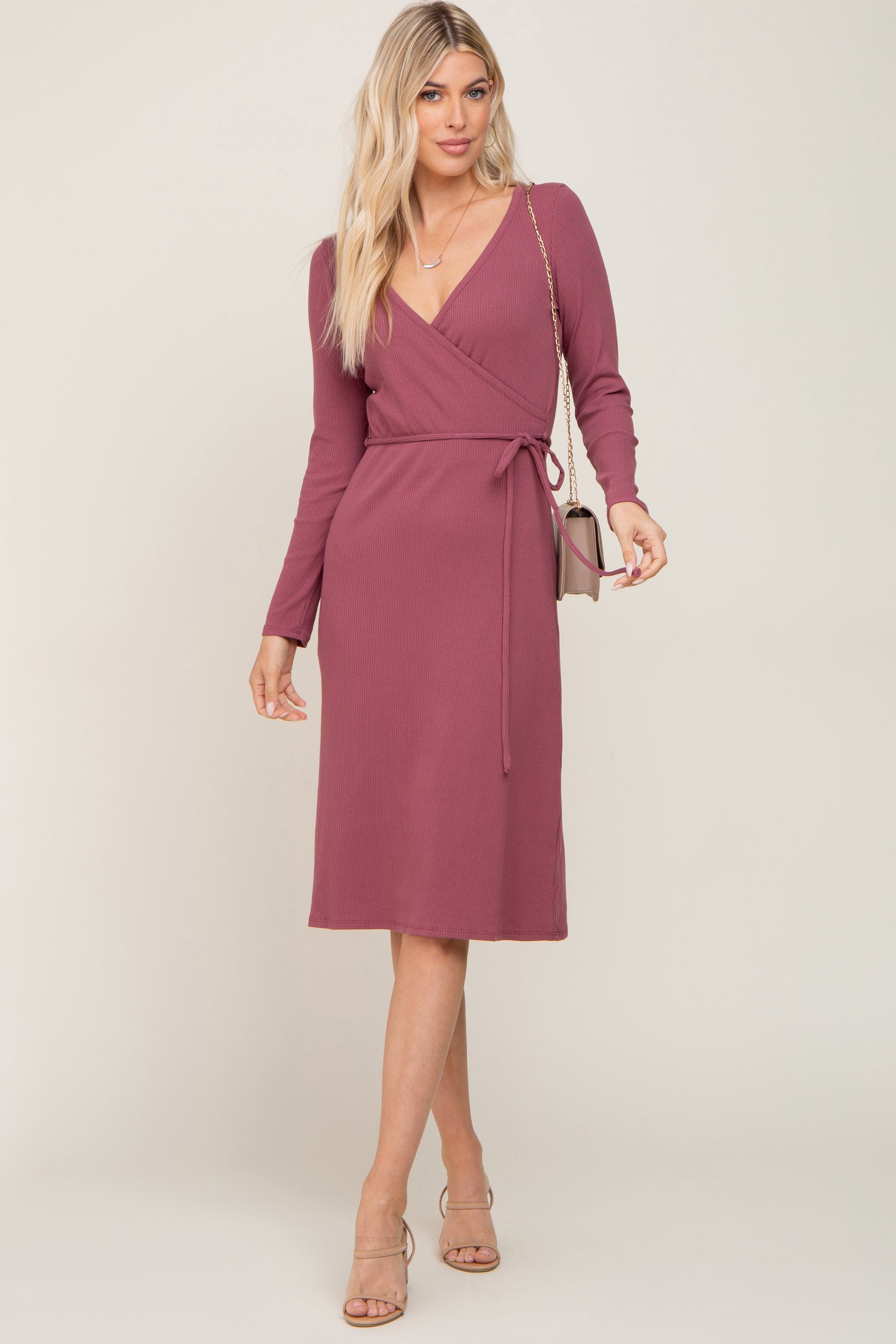 Mauve Rib Knit Long Sleeve Maternity Wrap Midi Dress PinkBlush Mauve Rib Knit Long Sleeve Maternity Wrap Midi Dress PinkBlush