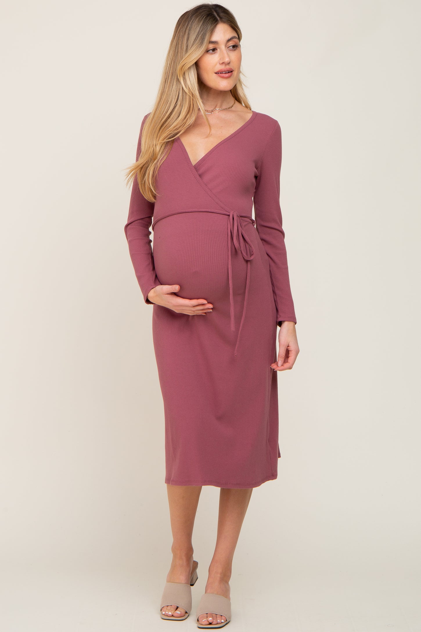 Mauve Rib Knit Long Sleeve Maternity Wrap Midi Dress Medium Mauve Rib Knit Long Sleeve Maternity Wrap Midi Dress Medium