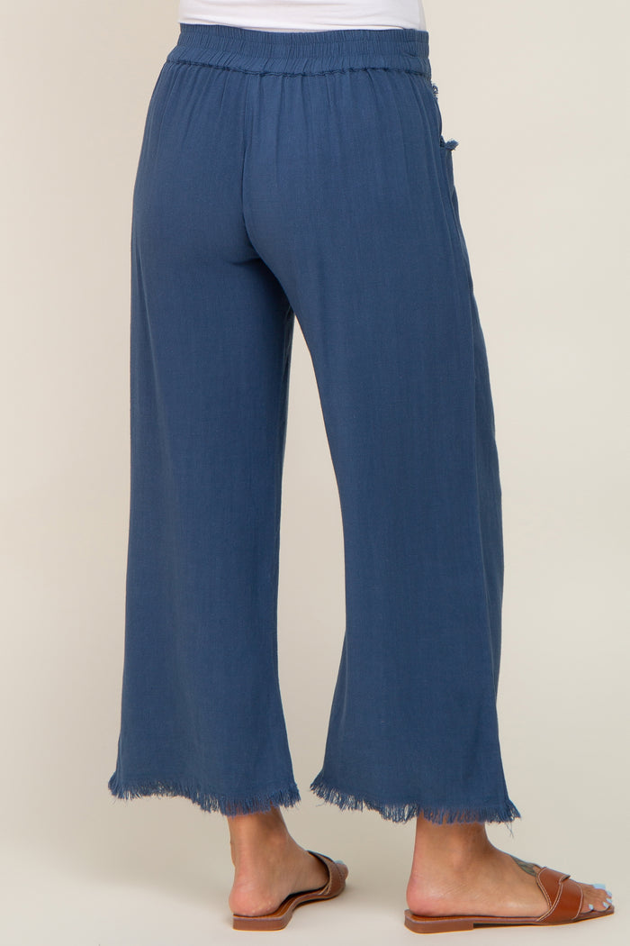 Navy Linen Frayed Hem Crop Maternity Pants