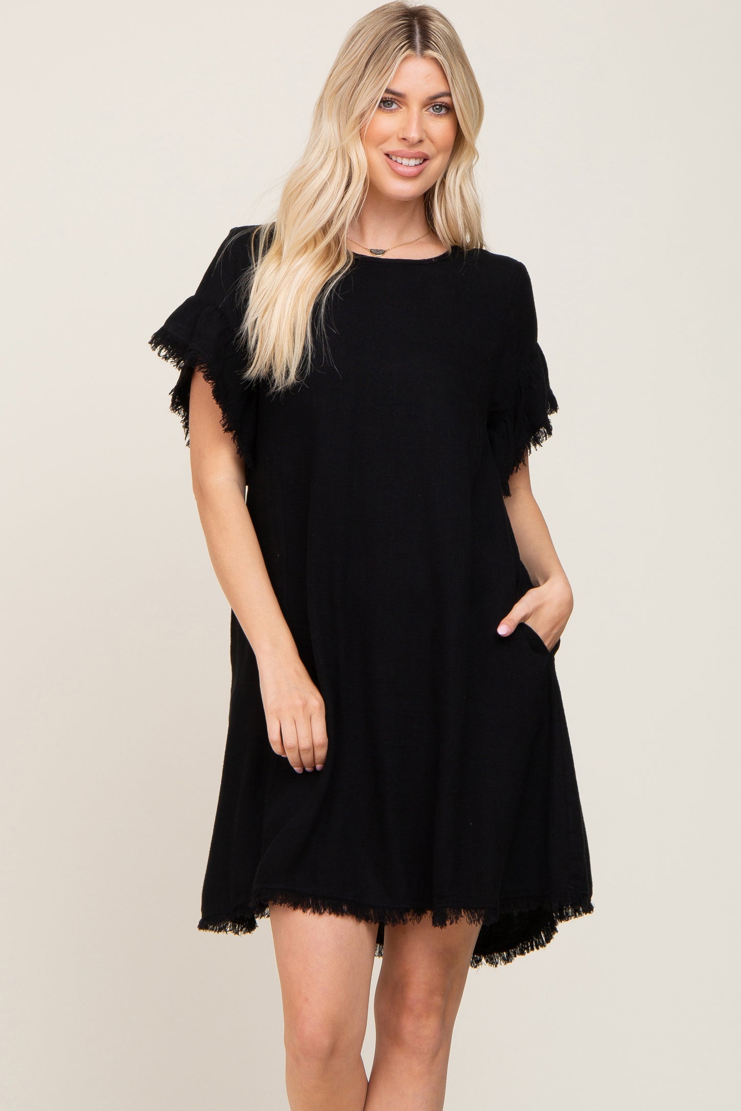 Black Frayed Trim Back Keyhole Linen Dress Black Frayed Trim Back Keyhole Linen Dress