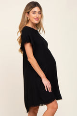 Black Frayed Trim Back Keyhole Linen Maternity Dress