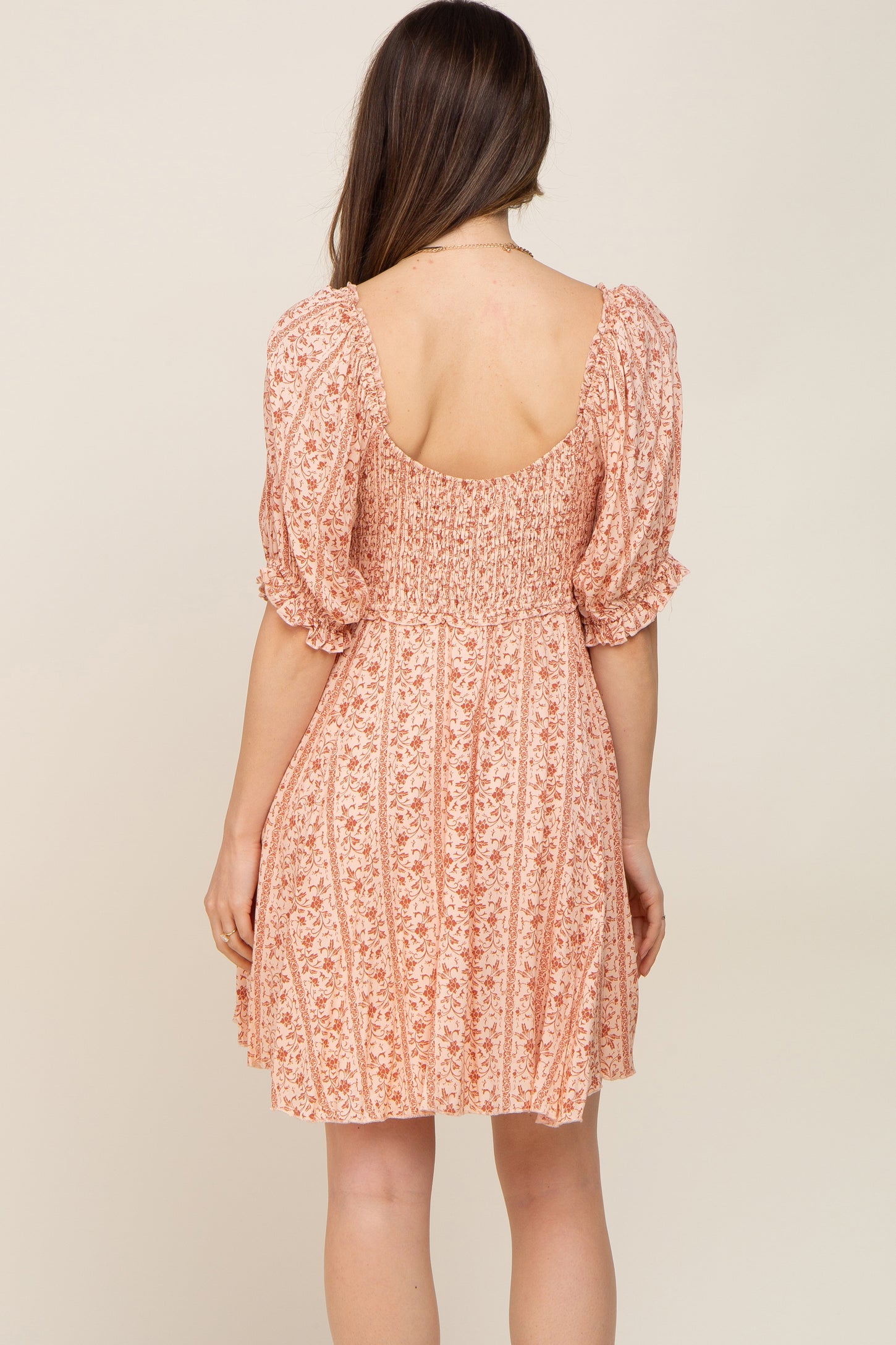 Peach Floral Puff Sleeve Smocked Maternity Mini Dress