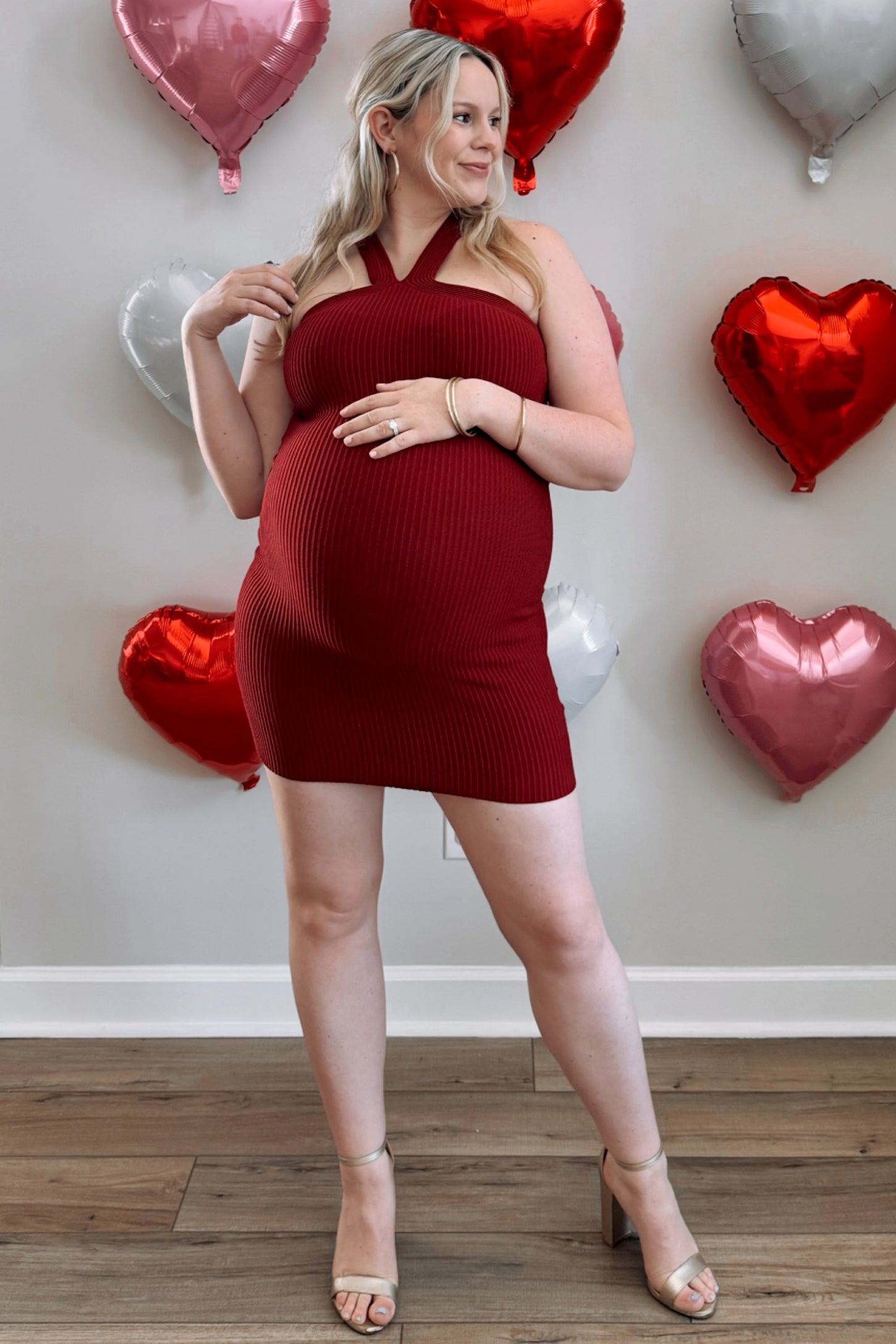 Burgundy Ribbed Knit Halter Neck Maternity Fitted Dress PinkBlush Burgundy Ribbed Knit Halter Neck Maternity Fitted Dress PinkBlush