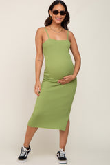 Light Olive Ribbed Knit Side Slit Maternity Midi Dress