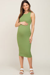 Light Olive Ribbed Racerback Maternity Midi Dress