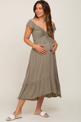 Olive Smocked Ruched Ruffle Hem Maternity Maxi Dress
