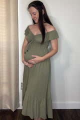 Olive Smocked Ruched Ruffle Hem Maternity Maxi Dress