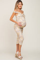 Yellow Floral Ribbed Ruched Off Shoulder Maternity Mid Dress