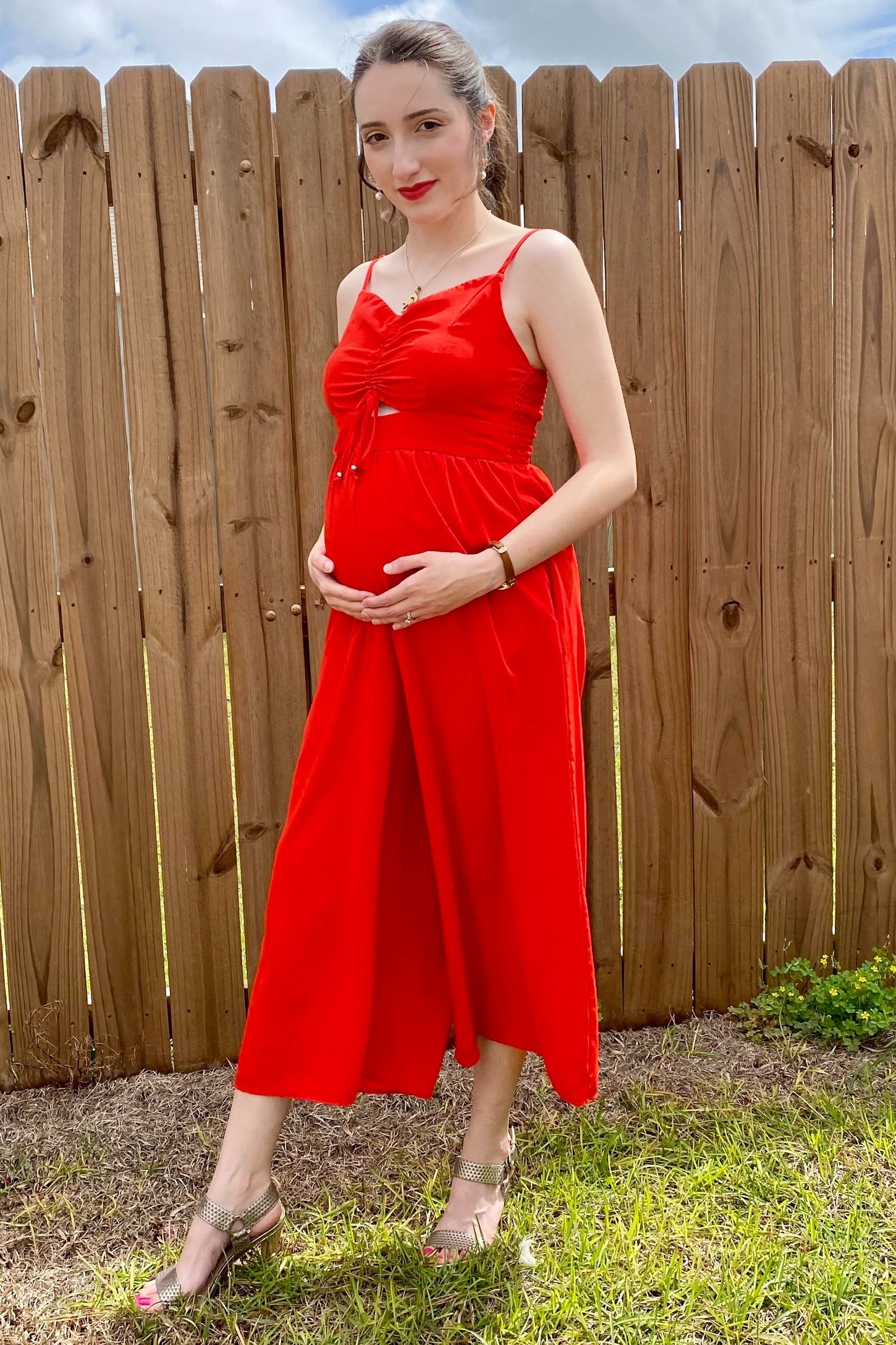 Red Sleeveless Ruched Drawstring Maternity Jumpsuit