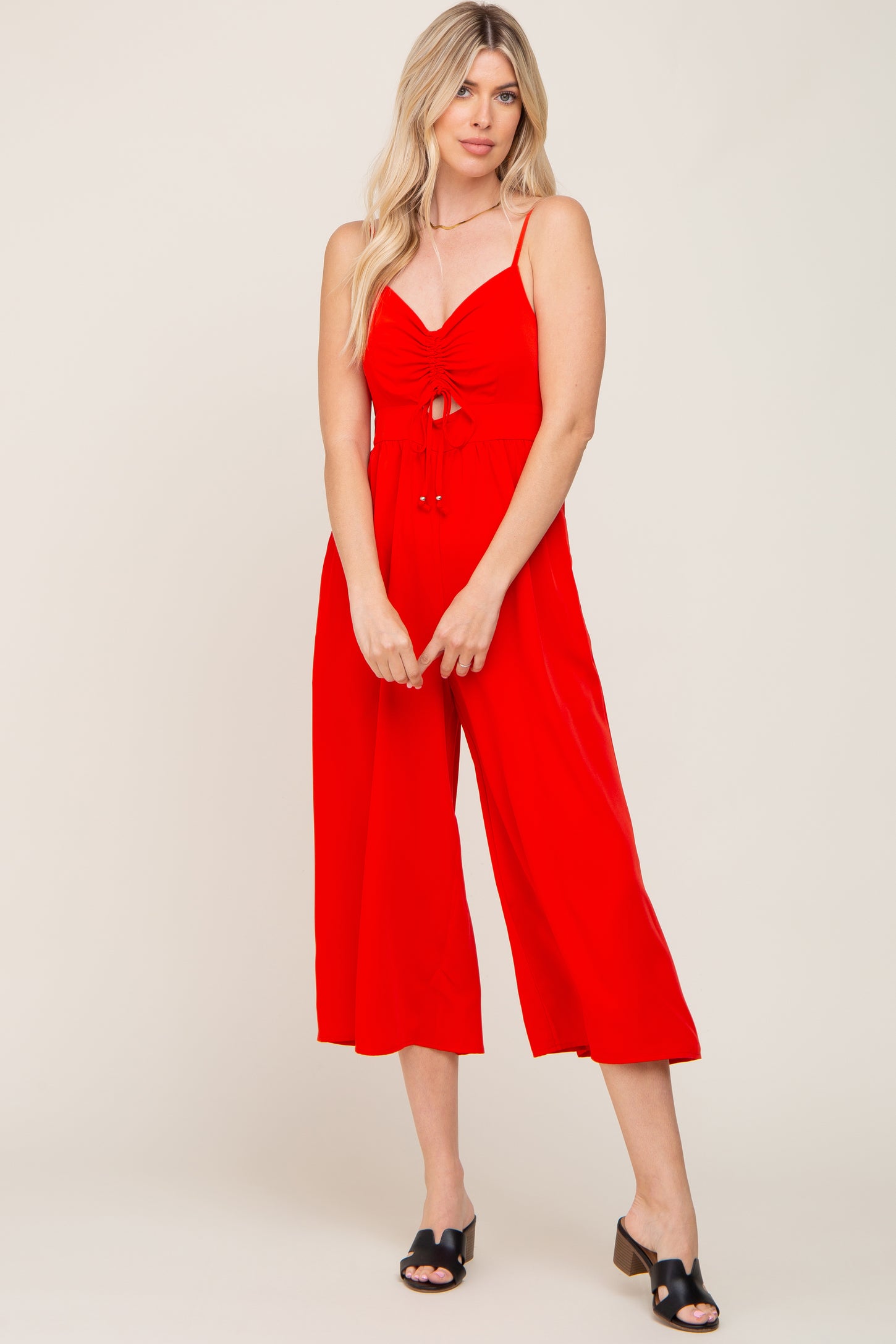 Red Sleeveless Ruched Drawstring Maternity Jumpsuit