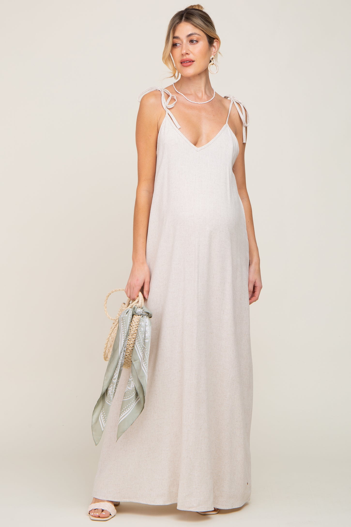 Beige Linen V-Neck Tie Strap Maternity Maxi Dress PinkBlush Beige Linen V-Neck Tie Strap Maternity Maxi Dress PinkBlush