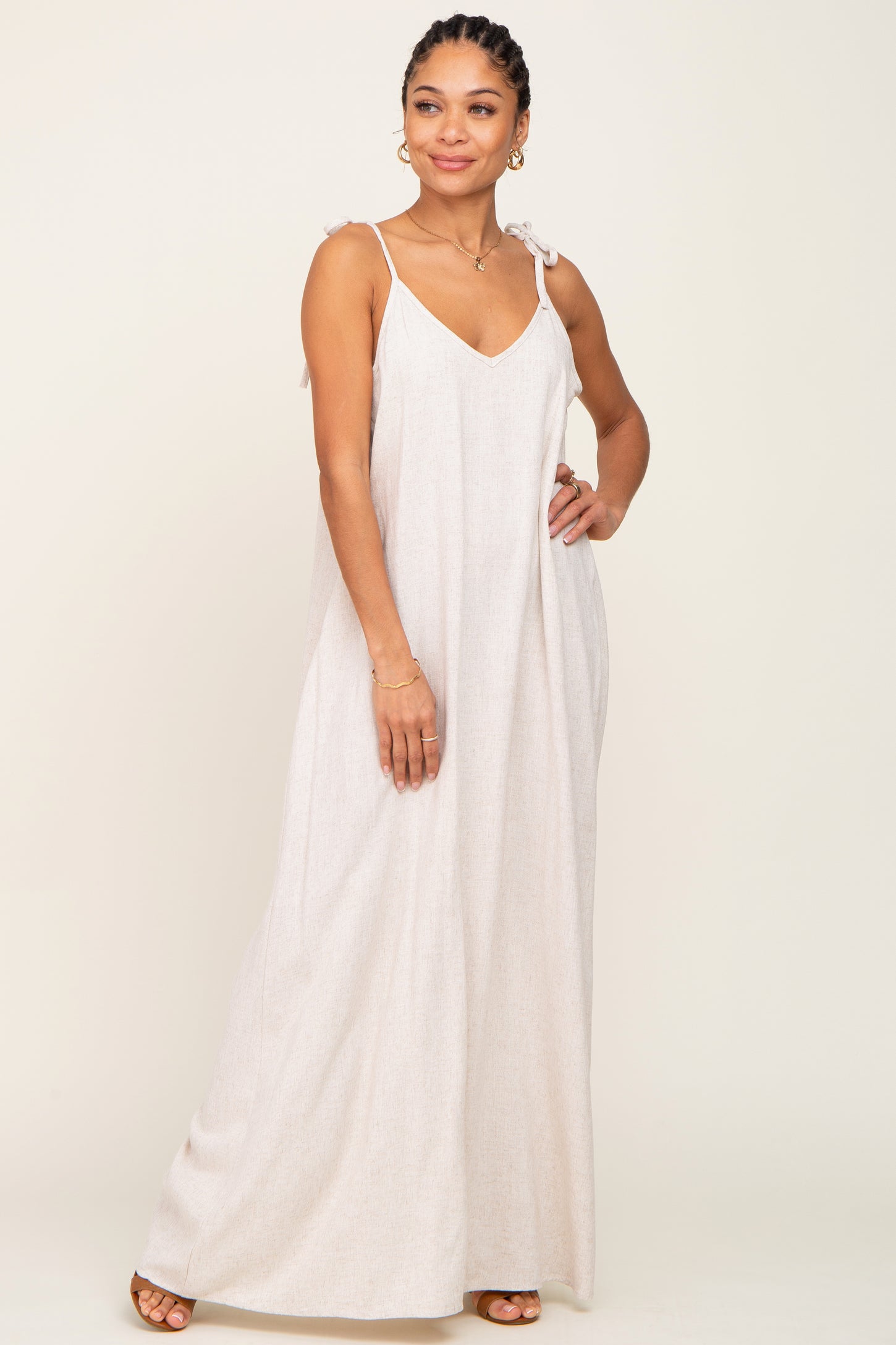 Beige Linen V-Neck Tie Strap Maternity Maxi Dress PinkBlush Beige Linen V-Neck Tie Strap Maternity Maxi Dress PinkBlush