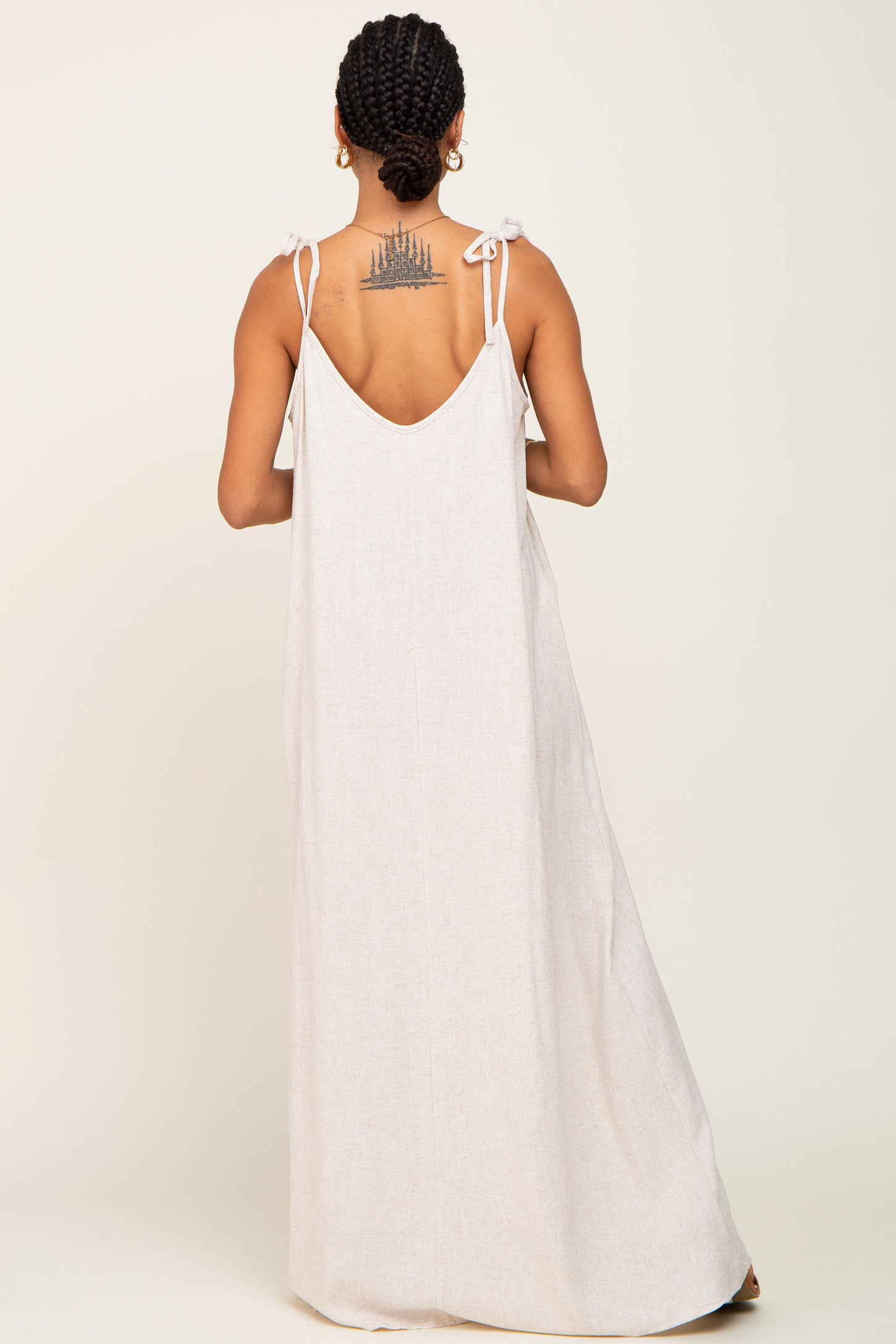 Beige Linen V-Neck Tie Strap Maxi Dress