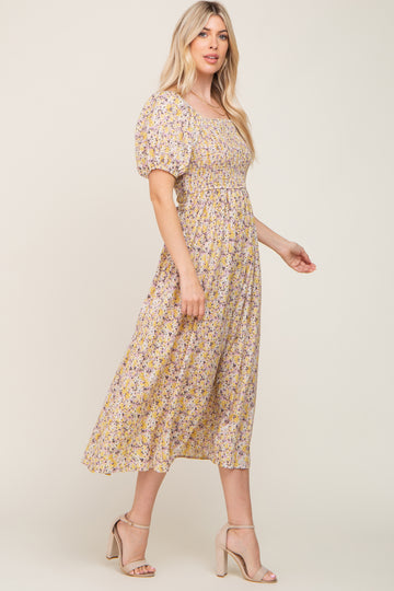 Yellow Abstract Floral Smocked Midi Dress