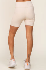 Beige Ribbed Crisscross Biker Shorts