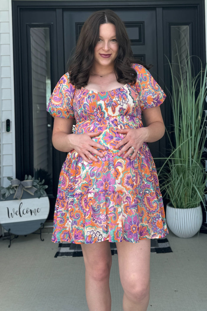Purple Floral Chiffon Smocked Tiered Maternity Dress