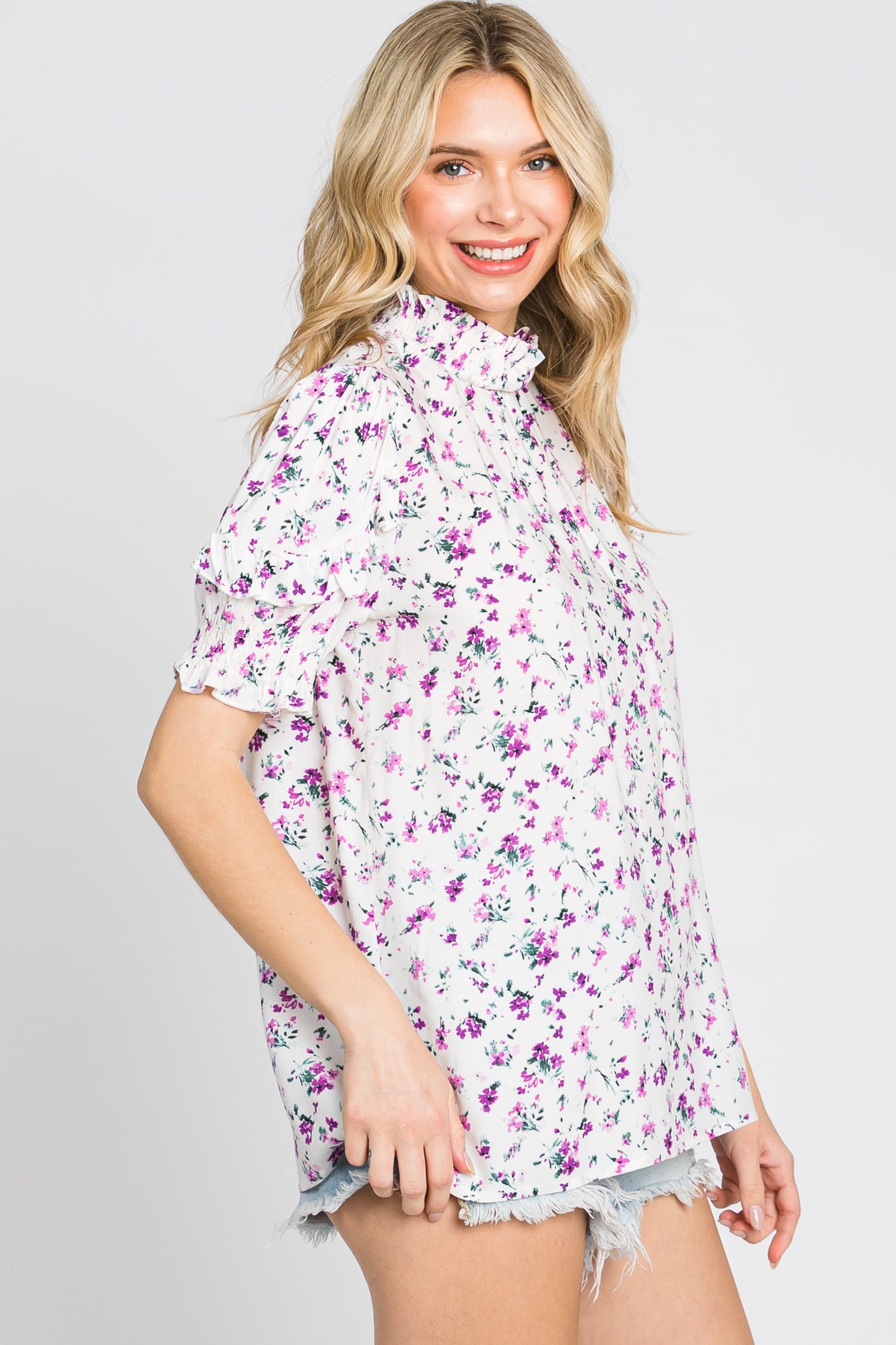 Lavender Floral Ruffle Mock Neck Blouse