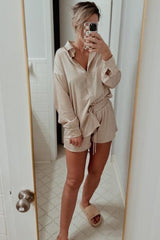 Light Taupe Button Up and Short Satin Set