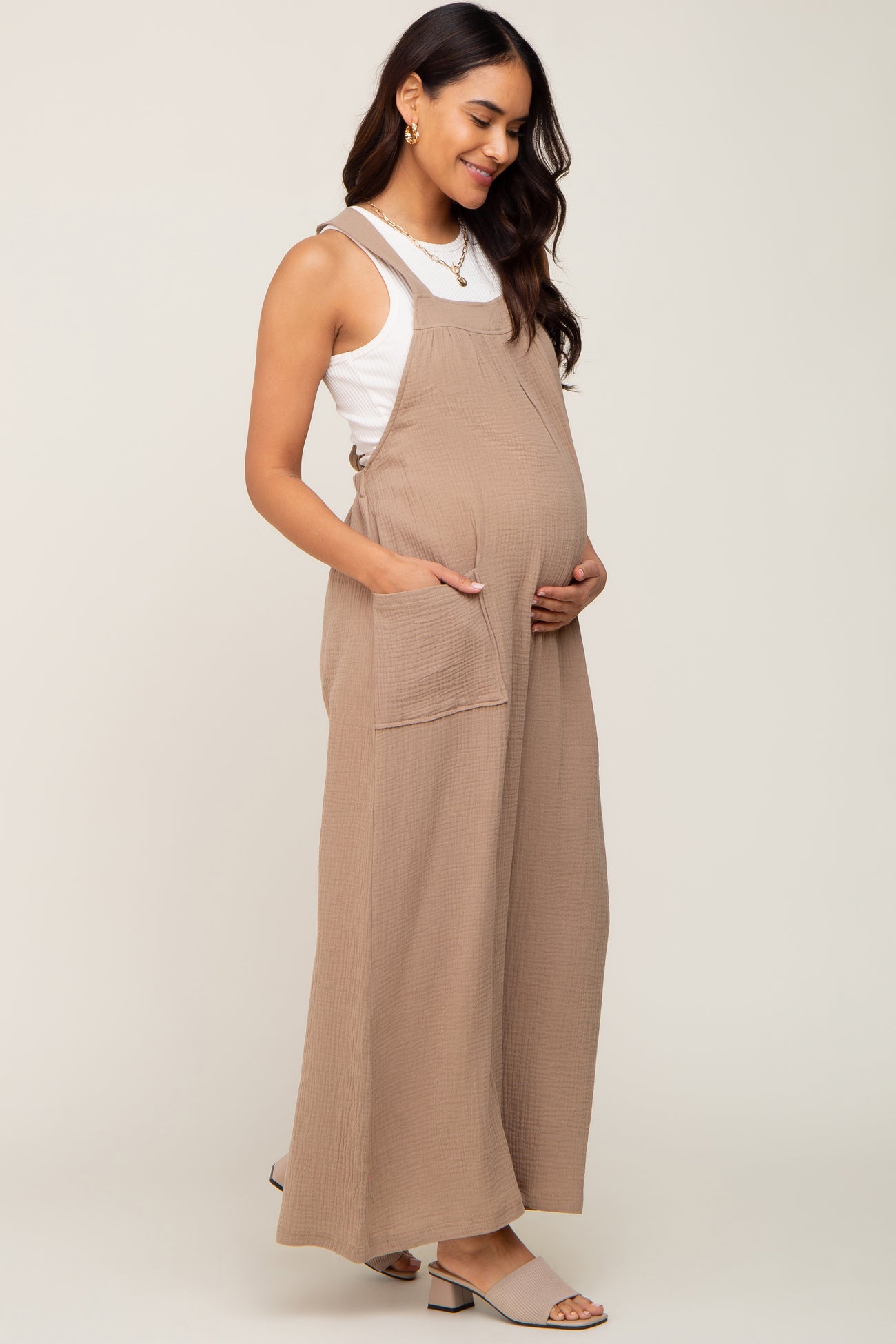Beige Wide Leg Tie Back Maternity Overalls PinkBlush Beige Wide Leg Tie Back Maternity Overalls PinkBlush
