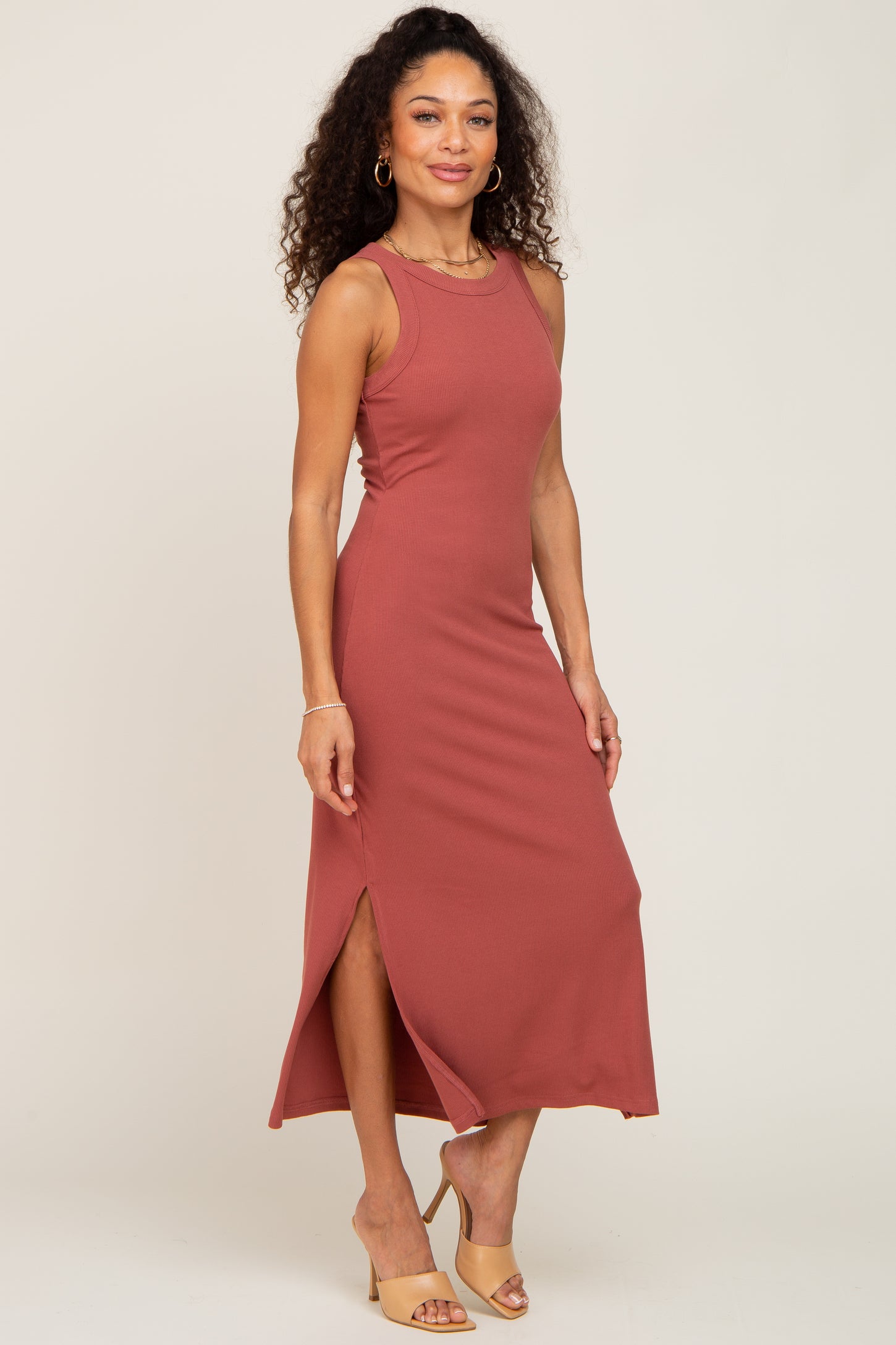 Rust Ribbed Maternity Side Slit Tank Dress Rust Ribbed Maternity Side Slit Tank Dress