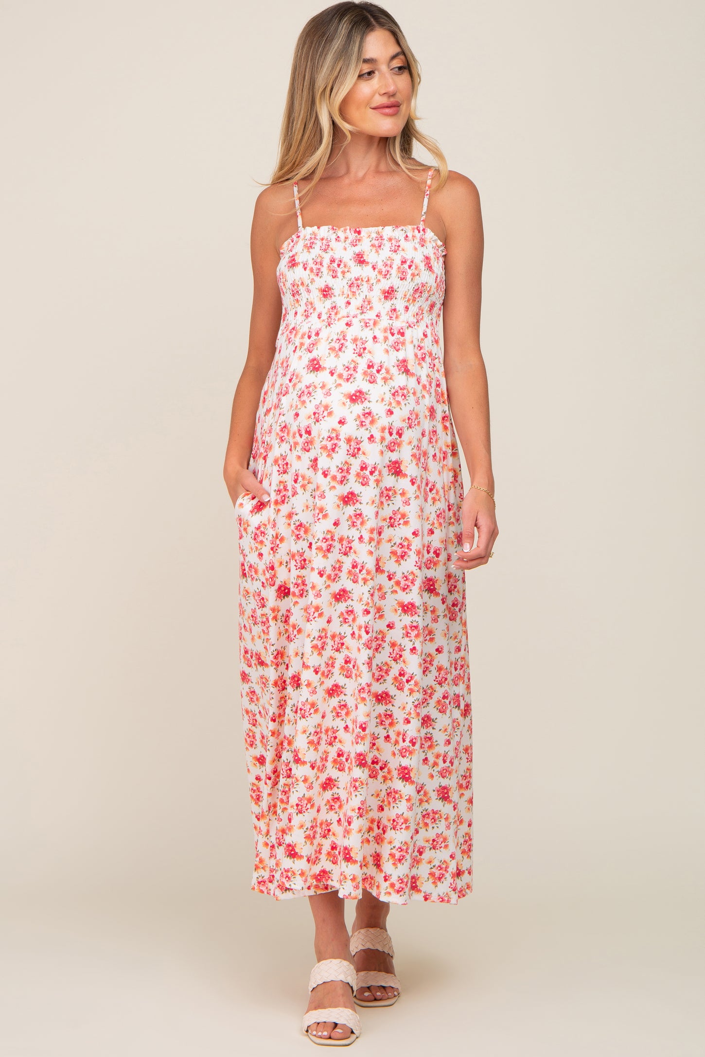 Ivory Square Neck Smocked Maternity Midi Dress