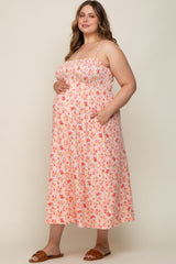 Peach Square Neck Smocked Plus Maternity Midi Dress