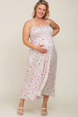 Light Olive Square Neck Smocked Plus Maternity Midi Dress