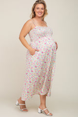 Light Olive Square Neck Smocked Plus Maternity Midi Dress