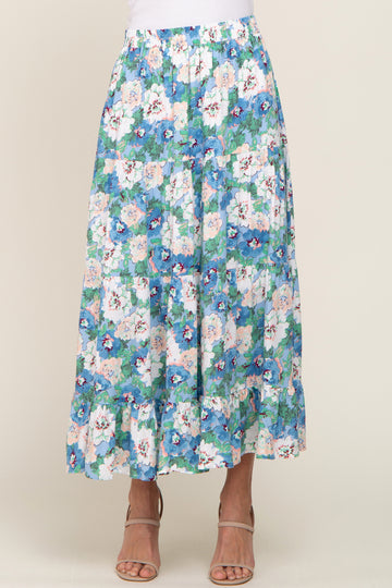 Blue Floral Tiered Maxi Skirt
