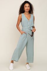 Mint Green Sleeveless Button Front Cropped Jumpsuit
