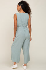 Mint Green Sleeveless Button Front Cropped Jumpsuit