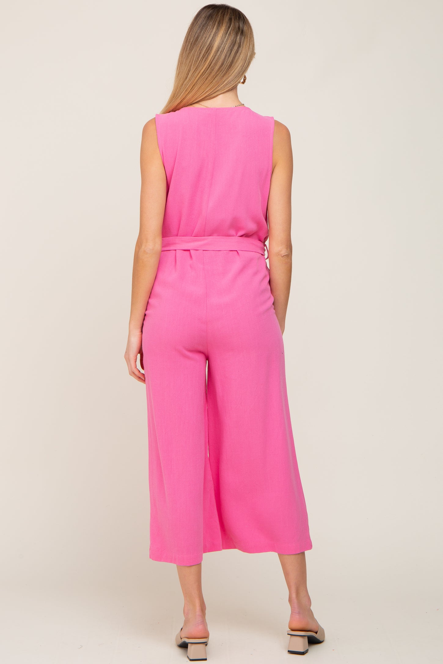 Pink Sleeveless Button Front Maternity Cropped Jumpsuit