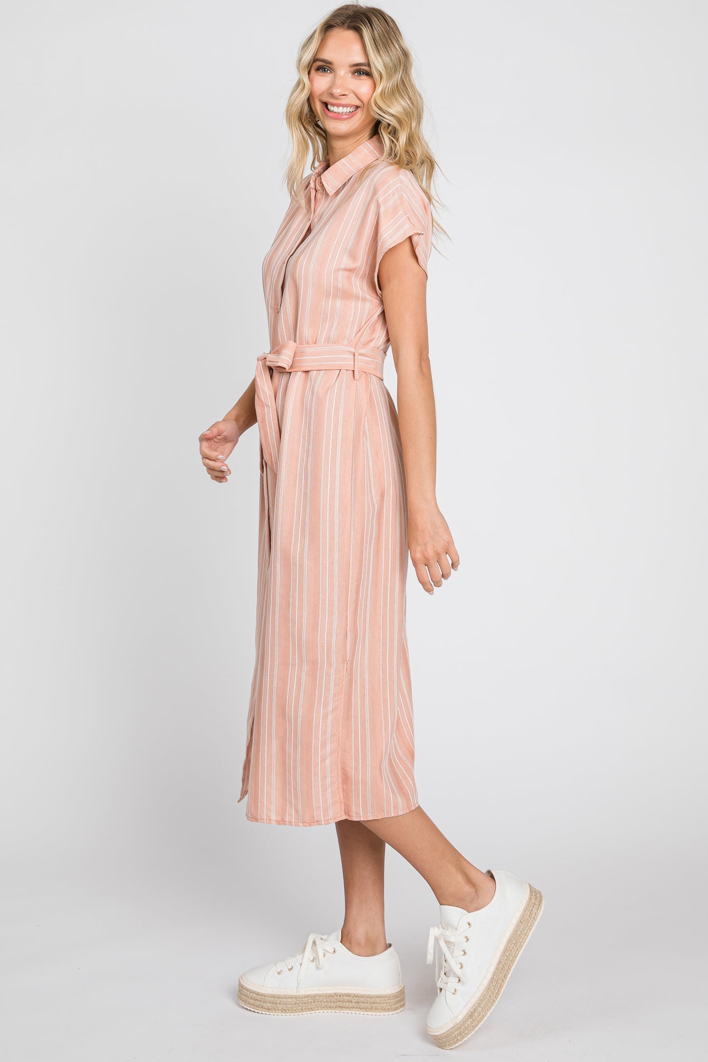 Peach Textured Stripe Button Front Linen Dress PinkBlush Peach Textured Stripe Button Front Linen Dress PinkBlush