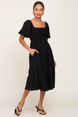 Black Smocked Puff Sleeve Midi Dress