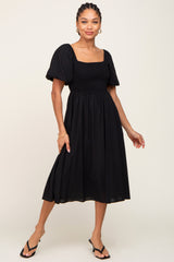 Black Smocked Puff Sleeve Midi Dress