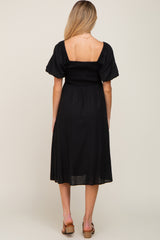 Black Smocked Puff Sleeve Maternity Midi Dress