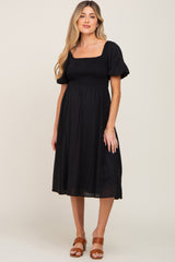 Black Smocked Puff Sleeve Maternity Midi Dress