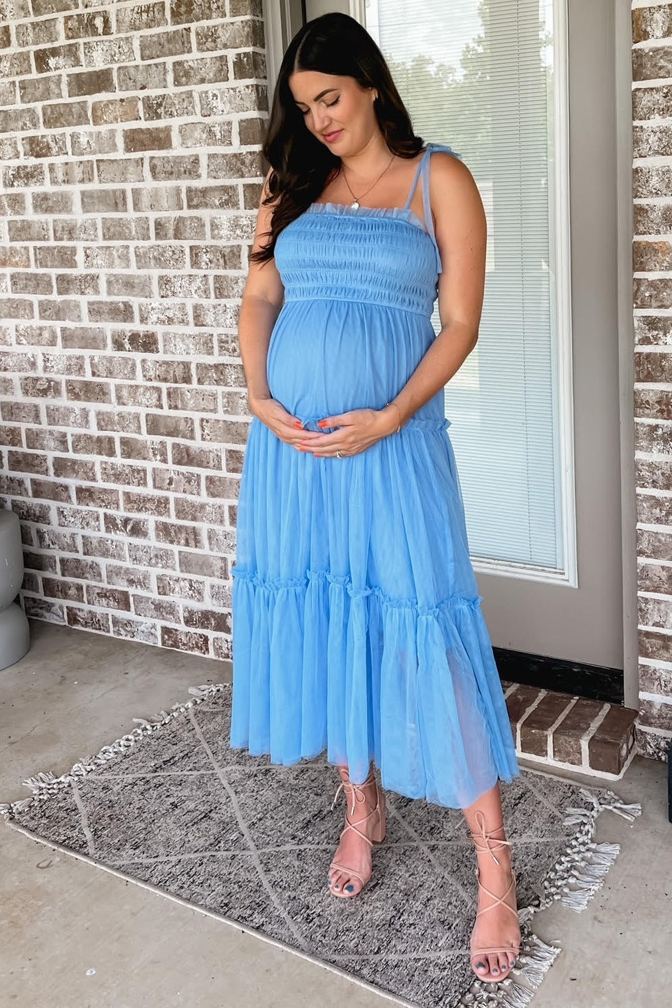 blue smocked maternity dress Pinkblush Light Blue Smocked Mesh Maternity Midi Dress Medium