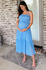 Light Blue Smocked Mesh Maternity Midi Dress