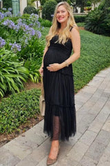 Black Smocked Mesh Maternity Midi Dress