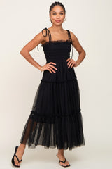 Black Smocked Mesh Maternity Midi Dress