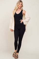 Black V-Neck Seamless Ribbed Fitted Jumpsuit