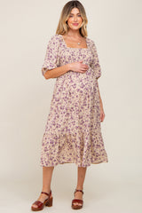 Cream Floral Smocked Maternity Midi Dress