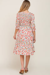 Ivory Floral Smocked Tiered Ruffle Maternity Dress