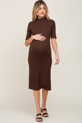 Brown Ribbed Mock Neck Maternity Midi Dress